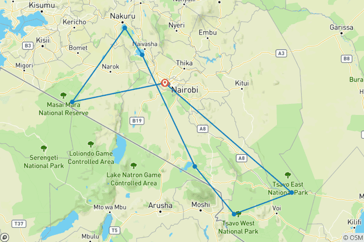 Carte du circuit Safari économique de 9 jours à la découverte des parcs du Kenya