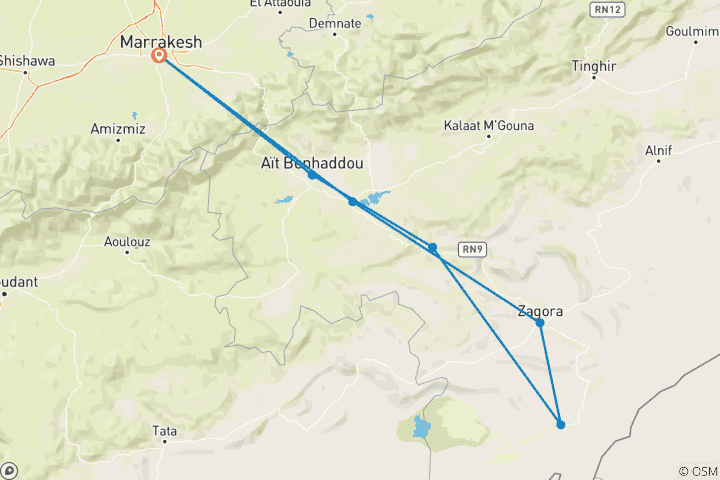 Carte du circuit 5 jours de Trek au Caml depuis Marrakech