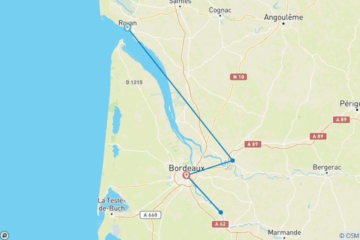 Map of Cruise through the Aquitaine Region from Bordeaux to Royan, along the Gironde Estuary and the Garonne and Dordogne Rivers (port-to-port cruise) (from Royan to Bordeaux)