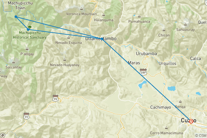 Carte du circuit 2 jours - Chemin de l'Inca court vers le Machu Picchu avec randonnée dans la montagne Huayna Picchu