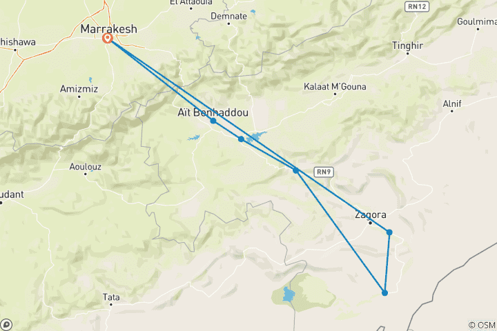 Mapa de 8 días de excursión en camello por el desierto de Marruecos