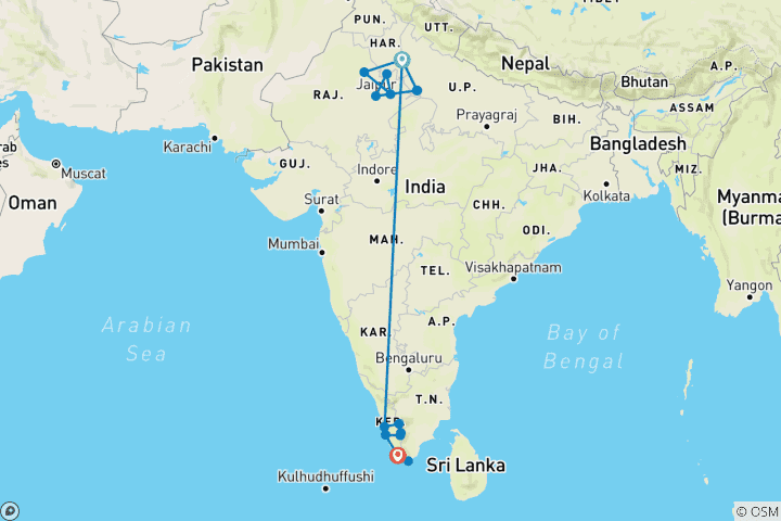 Karte von Indiens Norden & Süden Abenteuerreise