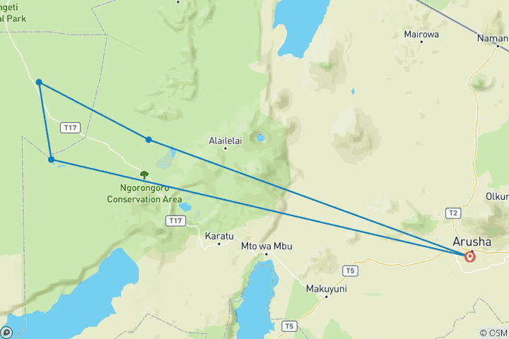 Karte von Ndutu, Serengeti & Ngorongoro-Krater - 6 Tage