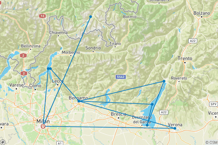 Map of Milan, Lakes & Alps by Train - 6 days