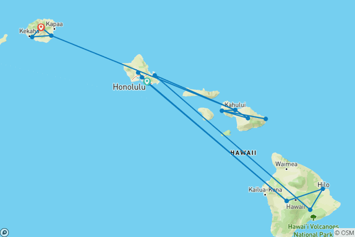 Map of Grand Hawaiian Adventure  Four Islands featuring O'ahu, Big Island, Maui and Kauai (Honolulu, HI to Kauai, HI) (2024)