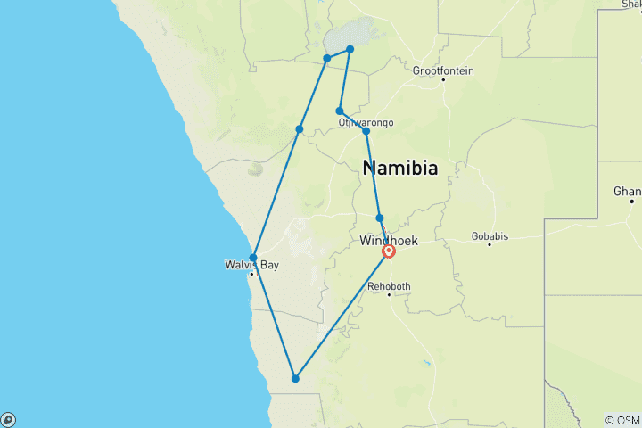 Kaart van Het beste van Namibië – een rondreis per auto – lodge-accommodatie – 7 dagen