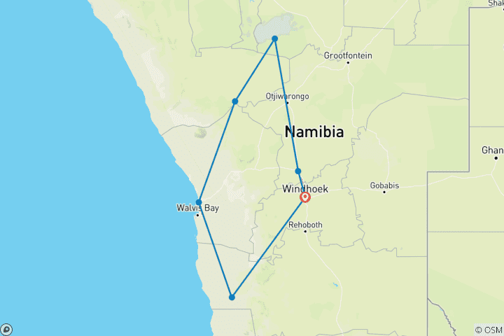 Kaart van Het beste van Namibië – een rondreis per auto – lodge-accommodatie – 7 dagen