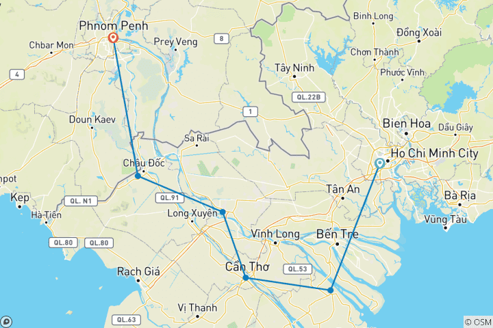 Map of Cycling Saigon/hcmc to Phnom Penh 5 days