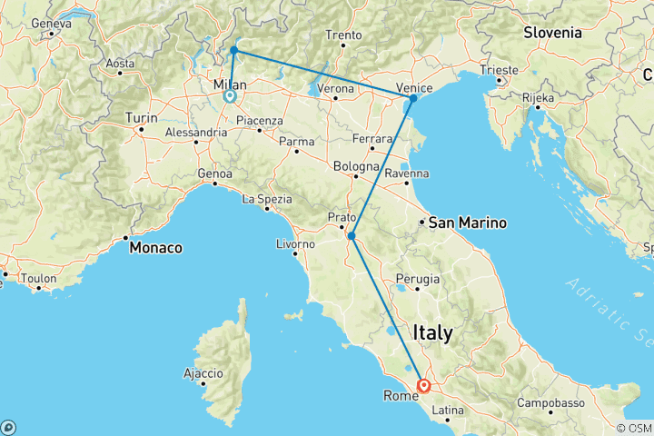 Mapa de 8 noches en Italia con estancias de 5 estrellas y viajes en tren en clase Business