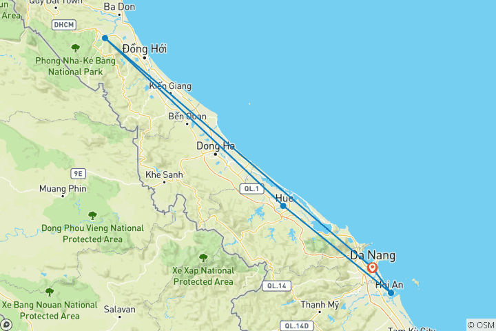 Carte du circuit Les sentiers du patrimoine dans le centre du Vietnam 8 jours