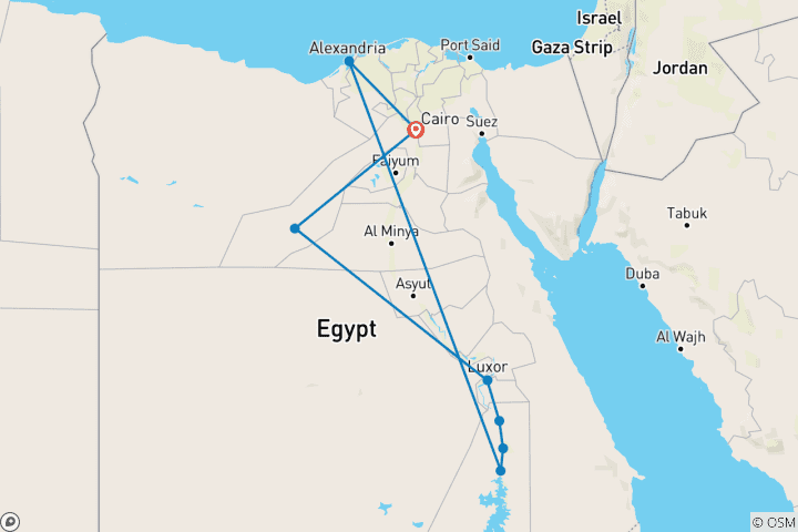 Kaart van Luxe Egypte 10-daagse rondreis (Piramides - Al Fayoum Oasis - Abu Simbel - Alexandrië - Nijlcruise) Alles Inbegrepen