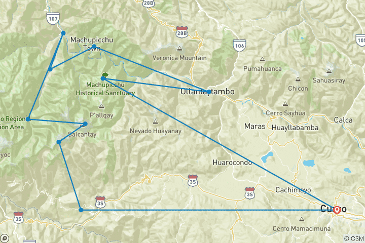 Carte du circuit Trek court du Salkantay au Machu Picchu - 4 Jours / 3 Nuits