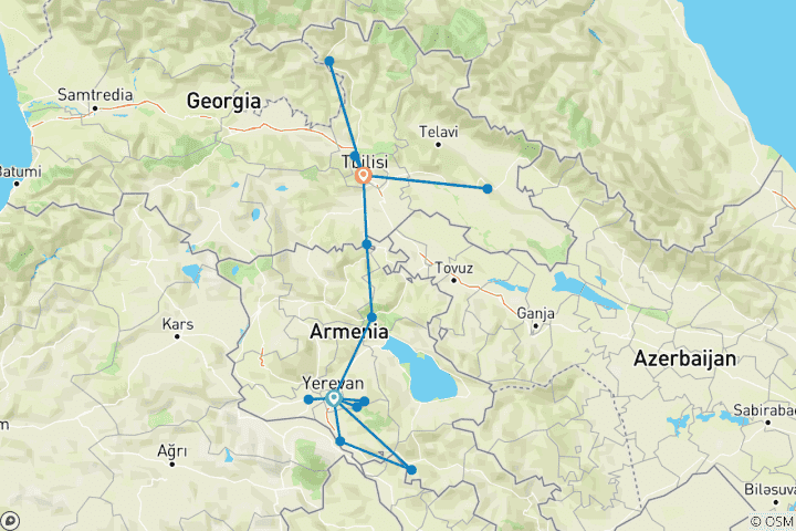 Karte von Armenien - Georgien Höhepunkte - 9 Tage