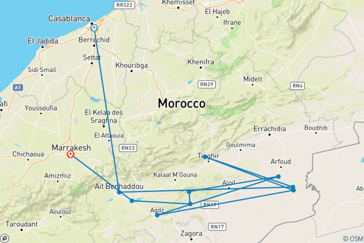 Kaart van 4-daagse privé-woestijntour van Casablanca naar Marrakech