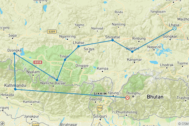 Karte von Tibet, Nepal & Bhutan Rundreise - 13 Tage