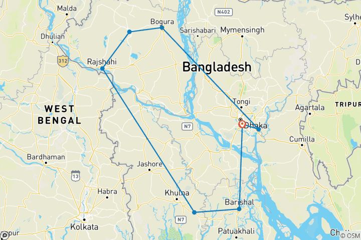 Kaart van Expeditie door Bangladesh – van het noordwesten naar de zuidelijke regio