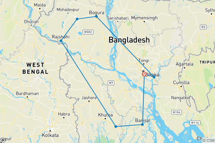 Carte du circuit Expédition au Bangladesh, du nord-ouest au sud du pays