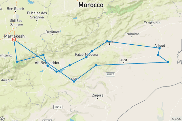 Carte du circuit Circuit privé de 8 jours au Maroc, de Marrakech aux montagnes de l'Atlas et au trekking