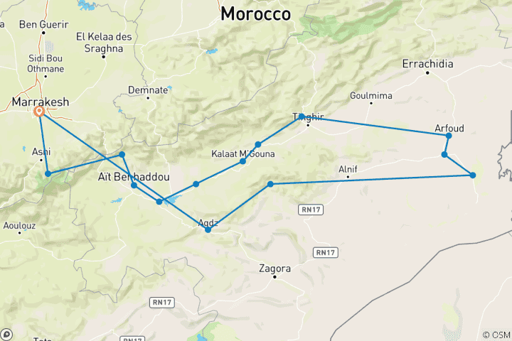 Map of 8-Day Private Morocco Tour From Marrakech To Atlas Mountains Trekking & Merzouga Erg Chebbi Glamping Desert Tour