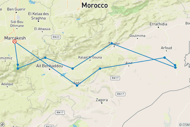 Map of 8-Day Private Morocco Tour From Marrakech To Atlas Mountains Trekking & Merzouga Erg Chebbi Glamping Desert Tour