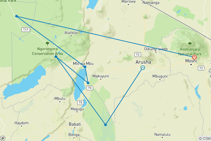 Map of Serengeti, Ngorongoro, Tarangire (with Materuni waterfalls, coffee tour) - 6 Days