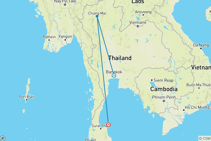 Map of Thailand: intensive tour (3 weeks) (from Bangkok to Koh Samui)