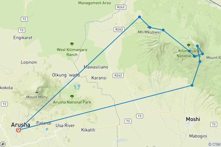 Kaart van lemosho route 8 dagen berg kilimanjro beklimmen