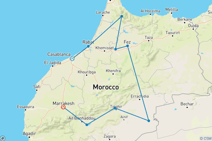 Karte von 9 Tage Tour von Casablanca nach Marrakesch durch die Wüste Sahara (Gruppe)