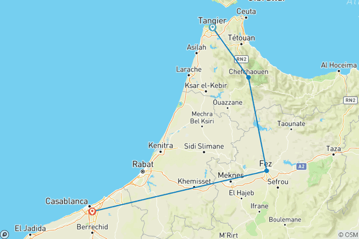 Kaart van 5 Daagse tour van Tanger naar Casablanca