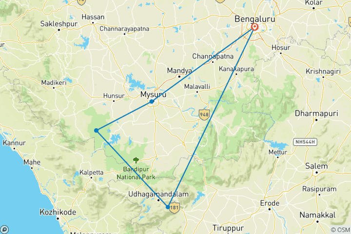 Map of Bangalore & Mysore Tour With Wildlife Nagarhole & Coonoor Safari