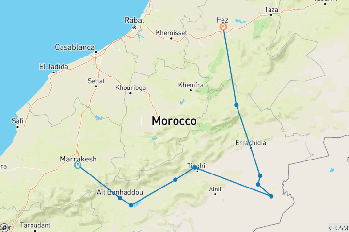 Mapa de Circuito de 3 días por el desierto de Marrakech a Fez - campamento de lujo