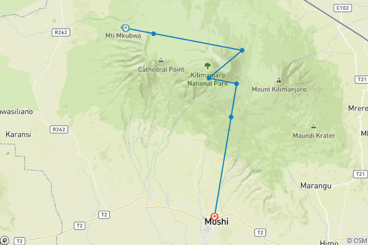 Map of 7 Days Kilimanjaro Trekking Lemosho Route