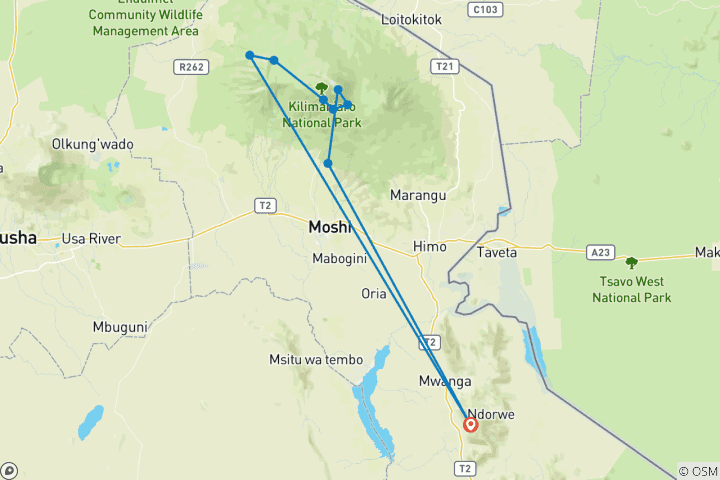 Mapa de Escalada al Kilimanjaro por la Ruta Lemosho 8 Días + 1 día de estancia en hotel