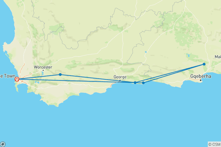 Carte du circuit Route 62, Route des jardins et safari Big- 5 7 jours/ 6 nuits - Confort