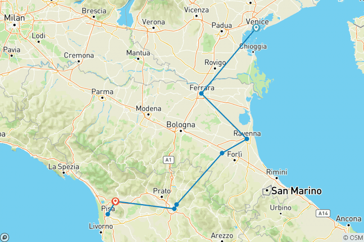 Map of Bike Across Italy - Venice to Pisa