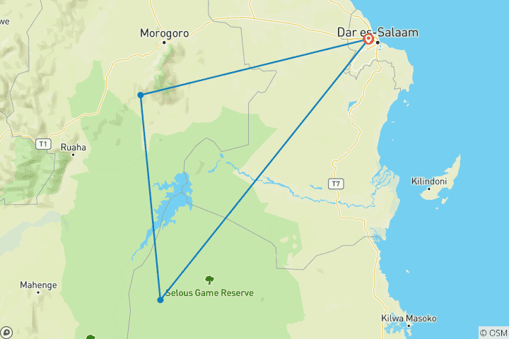 Carte du circuit Obtenez le meilleur safari privé sur mesure de 5 jours de Dar es Salaam à Selous, Mikumi et Udzungwa en Tanzanie.