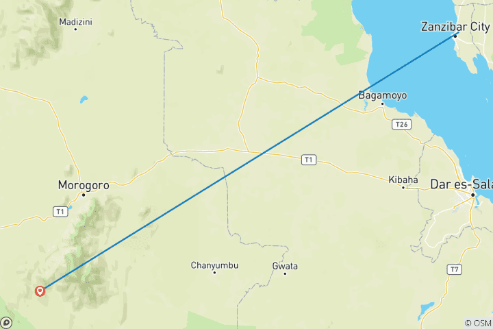 Kaart van Ontdek een betaalbare 5-daagse exclusieve privé budgetsafari van Zanzibar naar Mikumi & Nyerere National Parks