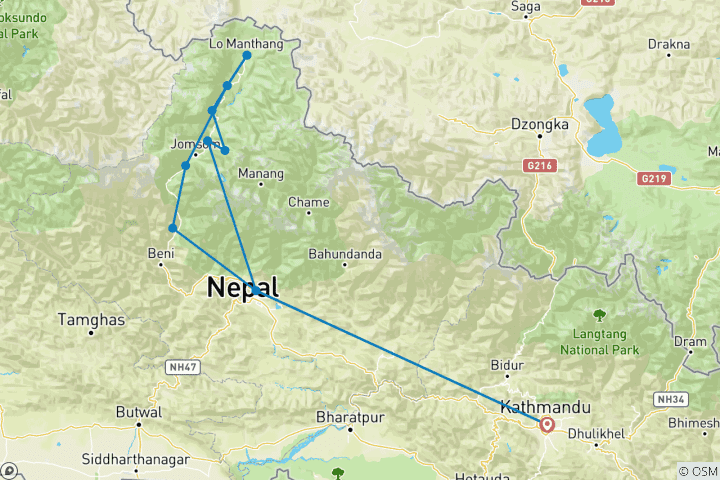 Map of Upper Mustang Valley Mountain Biking Tour- 16 Days