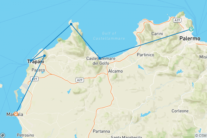 Kaart van Fietsen langs oude mediterrane steden in het zuidwesten van Sicilië