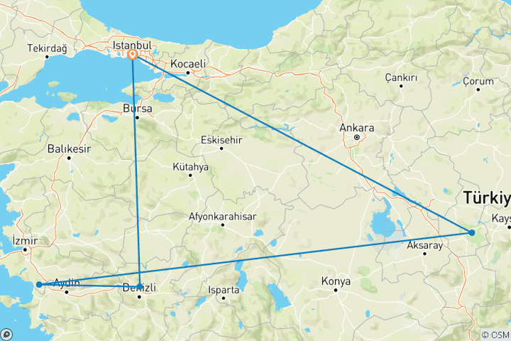 Kaart van Hoogtepunten van Turkije (Istanbul, Cappadocië, Efeze, Pamukkale) - 9 DAGEN