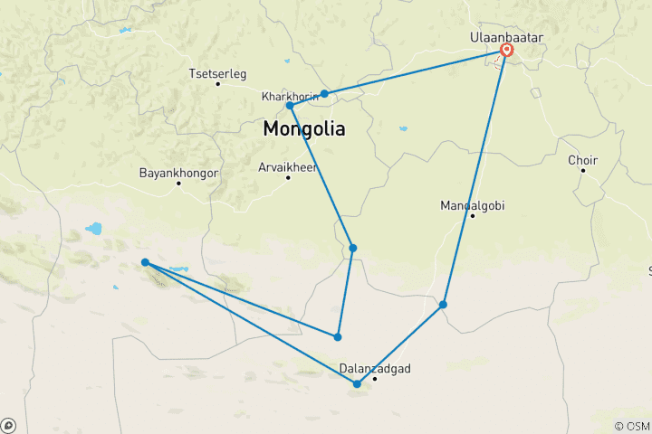 Mapa de Excursión completa Gobi Mongolia 7 días