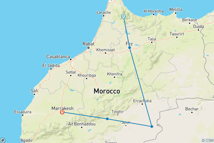 Map of 7 Days Morocco Desert Tour from Casablanca to Marrakech