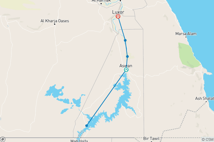 Carte du circuit Croisière sur le Nil d'Assouan à Louxor avec visite du temple d'Abou Simbel - 4 jours