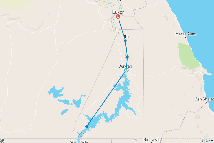 Map of Nile Adventure: 4 Days Nile Cruise Trip from Aswan to Luxor including Abu Simbel - Fully Guided Tour