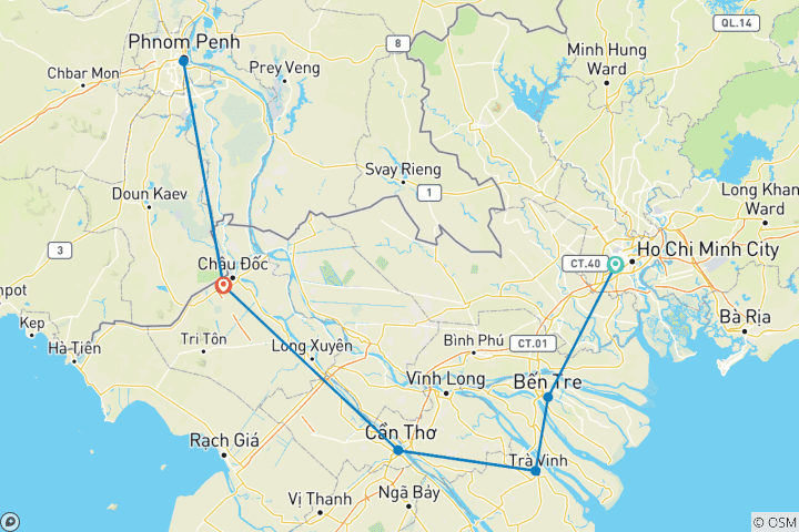 Map of Mekong Delta to Phnom Penh Cycling Expedition