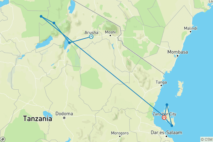 Carte du circuit Fantastique combinaison d'aventures en Tanzanie et à Zanzibar
