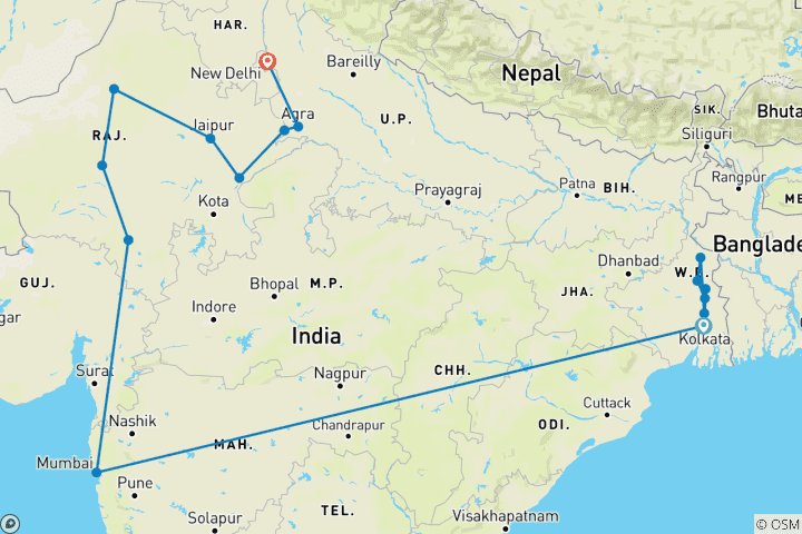 Carte du circuit Croisière et train : Le Gange sacré et le Maharajas' Express (2024) (De Kolkata à New Delhi, 2024)