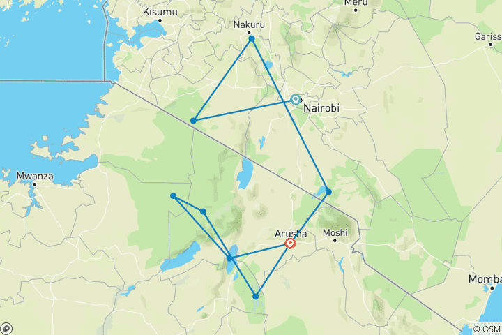 Carte du circuit Safari combiné Tanzanie et Kenya - 12 jours