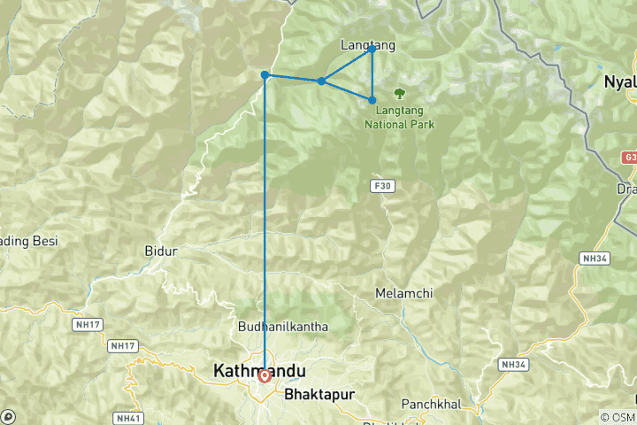 Carte du circuit Trek dans la vallée du Langtang
