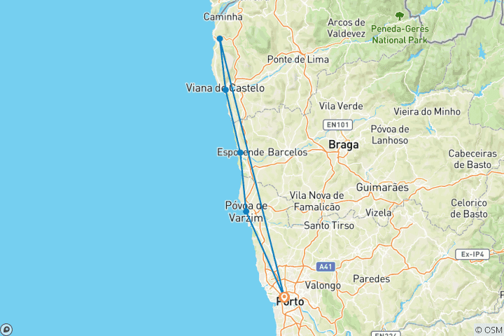 Map of Camino Portugués along the Coastline from Porto